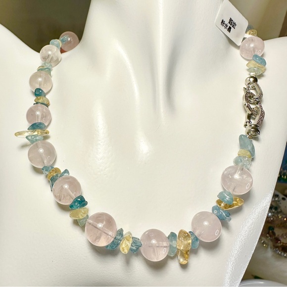Jewelry - Multi-Color Rose Quartz Aquamarine Citrine Necklace12mm & 17.25 inch long